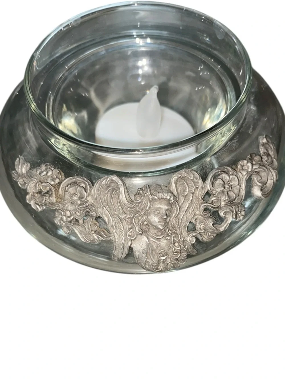 vintage 90s  Pewter Angel  Decorative potpourri Glass Trinket Bowl candle holder